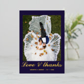 モダン ネイビーブルー フォト ウェディング ホイル ありがとうカード 箔招待状 (立ち正面)