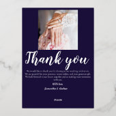 モダン ネイビーブルー フォト ウェディング ホイル ありがとうカード 箔招待状 (裏面)