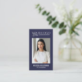 モダン ネイビーブルー プロフェッショナル QRコード フォト ロゴ 名刺 (スタンド正面)