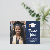 モダン ネイビーブルー ホワイト 卒業写真 ありがとうございます ポストカード (スタンド正面)