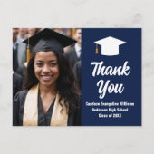 モダン ネイビーブルー ホワイト 卒業写真 ありがとう ポストカード (正面)