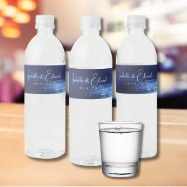 モダン ネイビーブルー & ホワイト 水彩筆跡 ペットボトルラベル