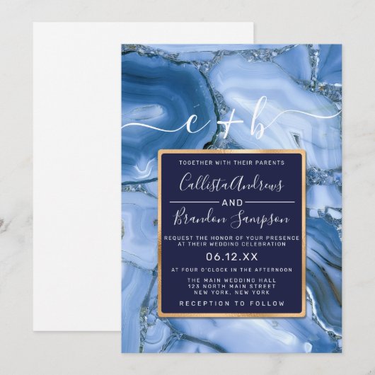 モダン ネイビーブルー マーブル アゲート モノグラム ウェディング 招待状 (正面/裏面)