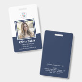 モダン ネイビーブルー 写真付きID ビジネス ロゴ 従業員 バッジ (正面&裏面)