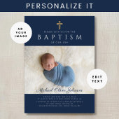 モダン ネイビーブルー 宗教的 十字架 男の子 洗礼 フォト 招待状