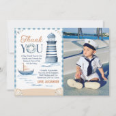 モダン ネイビーブルー 少年の1歳誕生日写真 サンキューカード (正面)