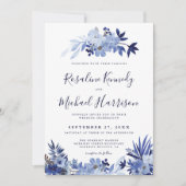 モダン ネイビーブルー 花柄 ゴールドフレーム 結婚式 招待状 (正面)