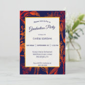 モダン ネイビー オレンジの葉 花柄 卒業 招待状 (スタンド正面)