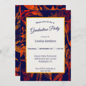 モダン ネイビー オレンジの葉 花柄 卒業 招待状 (正面/裏面)