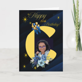 モダン ネイビー & ゴールドイニシャル「C」写真 20歳の誕生日 カード