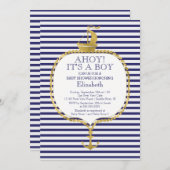 モダン ネイビー ストライプ ゴールド アンカー ベビーシャワー 招待状 (正面/裏面)