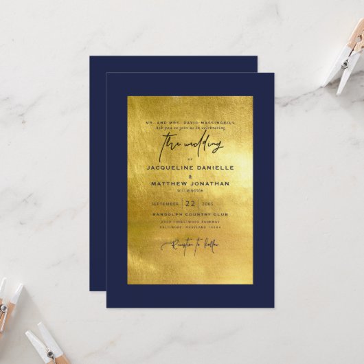 モダン ネイビー＆メタリックゴールドの結婚式招待状 招待状 (正面/裏面インサイチュ)
