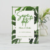モダン ネオン グリーンとホワイト トロピカル セーブ・ザ・デート 招待状 (スタンド正面)