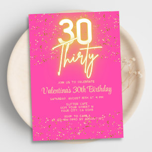 モダン ネオン グロー ホット ピンク ゴールド グリッター 30歳の誕生日 招待状