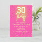 モダン ネオン グロー ホット ピンク ゴールド グリッター 30歳の誕生日 招待状 (スタンド正面)