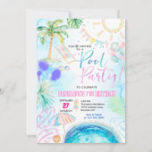 モダン ネオン グロー 水彩 プールパーティー 誕生日 招待状 (正面)