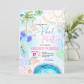 モダン ネオン グロー 水彩 プールパーティー 誕生日 招待状 (スタンド正面)