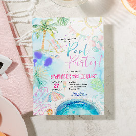 モダン ネオン グロー 水彩 プールパーティー 誕生日 招待状