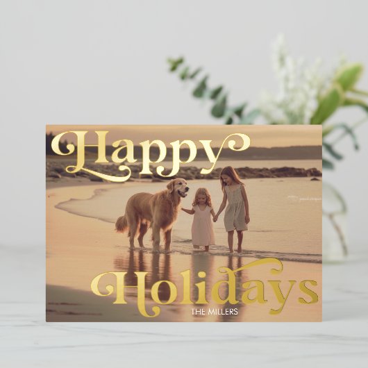 モダン ハッピー ホリデーズ ミニマル 1 フォト エレガント 箔シーズンカード (立ち正面)
