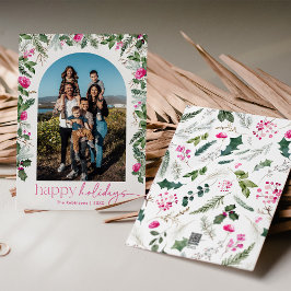 モダン ハッピー ホリデー ブライト ピンク & グリーン アーチ シーズンカード