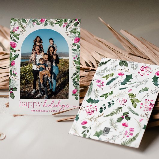 モダン ハッピー ホリデー ブライト ピンク & グリーン アーチ シーズンカード