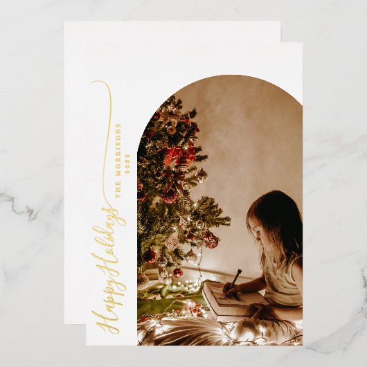 モダン ハッピー ホリデー 2 枚の写真が楽しめるクリスマス カード (正面/裏面)