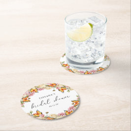 モダン バタフライ ピンクの芍薬 ブライダルシャワー ラウンドペーパーコースター