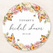 モダン バタフライ ピンクの芍薬 ブライダルシャワー ラウンドペーパーコースター (正面)