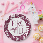 モダン バーガンディイニシャル 結婚式 紙皿 (パーティー)