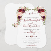 モダン バーガンディー ブラッシュ フラワール 手書きウェディング 招待状 (正面/裏面)