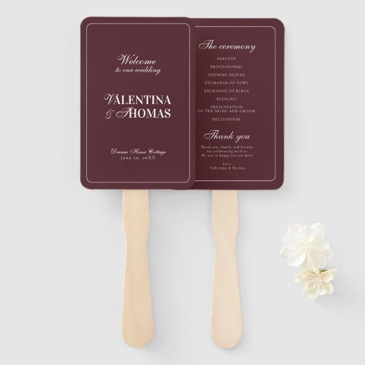 モダン バーガンディ ウェディング プログラム ハン ファン (正面&裏面)