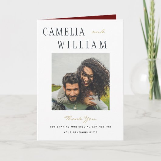 モダン バーガンディ ゴールド ウェディング フォト サンクス サンキューカード (正面)