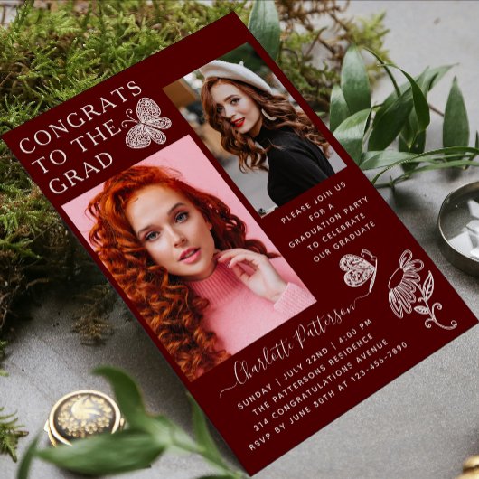 モダン バーガンディ バタフライ フォト 卒業パーティー 招待状