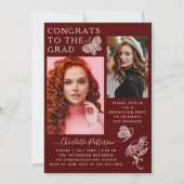 モダン バーガンディ バタフライ フォト 卒業パーティー 招待状 (正面)