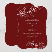 モダン バーガンディ フォリアージ Save the Date 招待状 (正面/裏面)