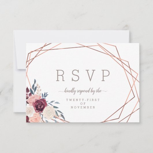 モダン バーガンディ フラワー ジオメトリック アイボリー 食事 選択 出欠カード (正面)