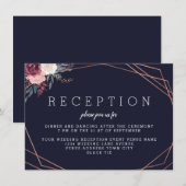 モダン バーガンディ フラワー ジオメトリック ネイビー レセプション エンクロージャーカード (正面/裏面)