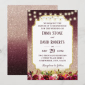 モダン バーガンディ フローラル ローズゴールド オンブレ 結婚式 招待状 (正面/裏面)