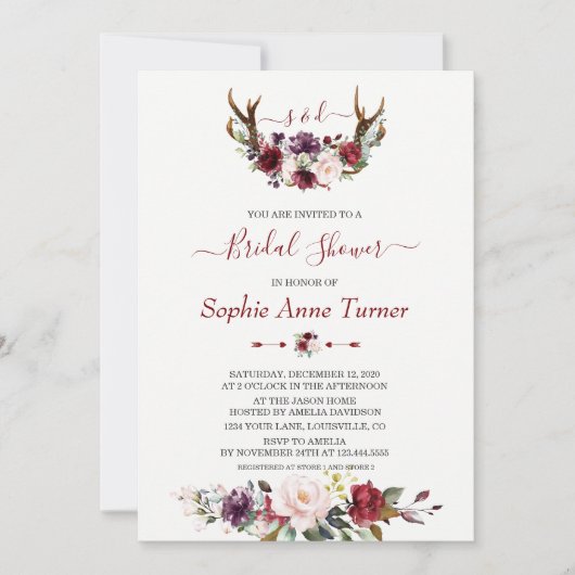 モダン バーガンディ プラム フラワーランテル ブライダルシャワー 招待状 (正面)