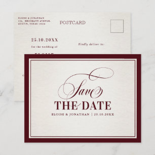 モダン・バーガンディ・ラグジュアリー・オールドマネー Save the date ポストカード