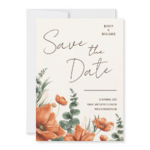 モダン・バーントオレンジ・フラワーの結婚式Save the Date