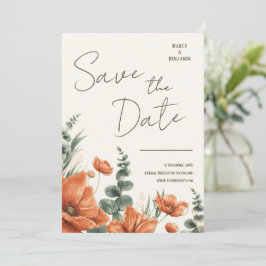 モダン・バーントオレンジ・フラワーの結婚式Save the Date 招待状
