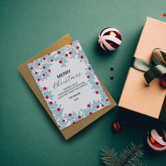 モダン パイン枝と赤い実のクリスマスパターン ポストカード