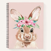 モダン パステルピンク ウォーターカラー ウサギ フラワー付き ノートブック (正面)