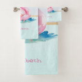 モダン パステル ストライプ、ピンクのフラミンゴ バスタオルセット (インサイチュ)