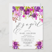 モダン パープル フラワーズ おんなの子 ベイビー シャワー 招待状 (正面)