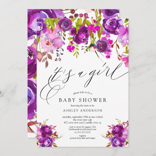 モダン パープル フラワーズ おんなの子 ベイビー シャワー 招待状 (正面/裏面)