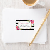 モダン パープル レッド ピンク フクシア フラワー ブラックホワイト ストライプ ラベル (インサイチュ)