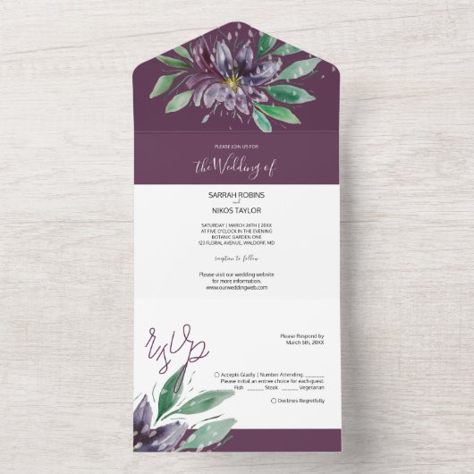 モダン パープル ロータス 水彩 手描き オールインワン招待状 (内側)