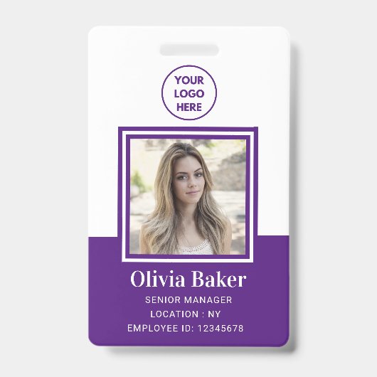 モダン パープル 写真付き ID ビジネス ロゴ 社員 バッジ (正面)